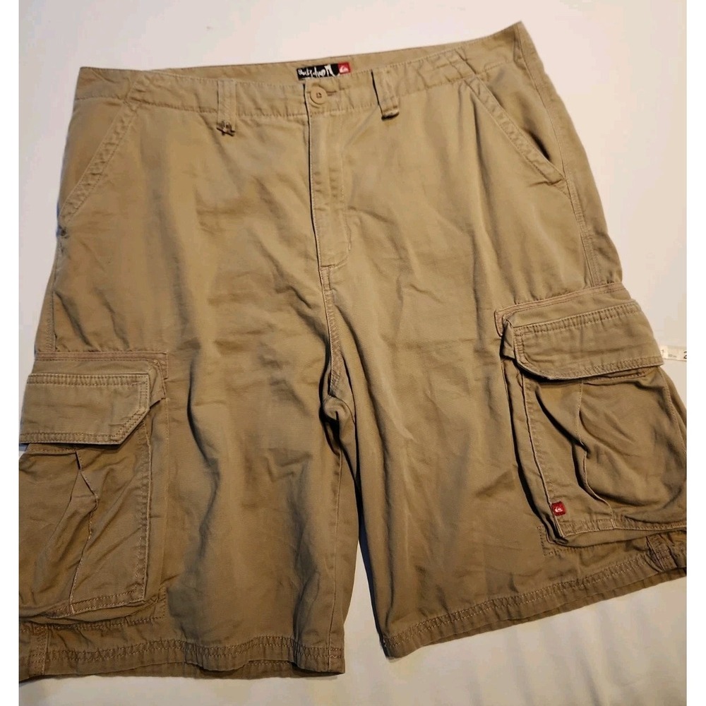 Quiksilver Mens Cargo Shorts Khaki Tan Cotton Canvas Utility Size 38 Relaxed Fit